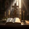 cross and an open Holy Bible, both bathed in gentle sunlight