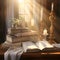 cross and an open Holy Bible, both bathed in gentle sunlight