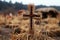 A cross with a pheromone displayed in front symbolizing a unique blend of spirituality and attraction in a serene setting, palm