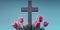 A cross with pink tulips around, light blue sky background, Easter holiday symbol, Christian church, generative AI