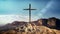 cross on rocky mountain with clear sky