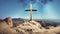 cross on rocky mountain with clear sky