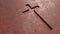 Cross on a rusted corroded metal or steel sheet backround. 3d illustration metaphor for God, Christ