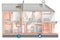 Cross-section of a house with a heat pump, pipes from the ground floor to the upper floor with underfloor heating