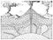 Cross section of a volcano. Engraved mountains. hand drawn geology vintage style. Crater and magma chamber, cone and