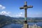 cross on the top of Kleiner Schonberg, 894 m. Austria landscape Upper Austria, Austria