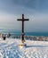 Cross on Velka Raca hill summit in winter Kysucke Beskydy mountains on slovakian - polish borders