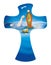 Cross whit nativity scene on blue background. Jesus Mary Joseph