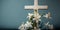 A cross with white lilies around, light blue background, Christian church, Easter holiday, copyspace, generative AI