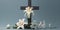 A cross with white lilies around, light blue background, Christian church, Easter holiday, copyspace, generative AI