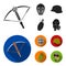 Crossbow, medieval helmet, soldier helmet, hand grenade. Weapons set collection icons in black, flat style vector symbol