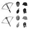 Crossbow, medieval helmet, soldier helmet, hand grenade. Weapons set collection icons in black,monochrom style vector