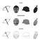 Crossbow, medieval helmet, soldier helmet, hand grenade. Weapons set collection icons in black,monochrome,outline style