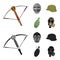 Crossbow, medieval helmet, soldier`s helmet, hand grenade. Weapons set collection icons in cartoon,black style vector