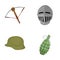 Crossbow, medieval helmet, soldier`s helmet, hand grenade. Weapons set collection icons in cartoon style vector symbol