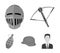 Crossbow, medieval helmet, soldier`s helmet, hand grenade. Weapons set collection icons in monochrome style vector