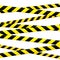 Crossed caution tape set. Yellow and black warning stripes. Repeated construction, hazard, danger sellotapes