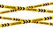 Crossed caution tapes. Yellow and black warning stripes. Construction, hazard, danger sellotape. Restriction and