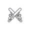 Crossed chainsaws vector line icon