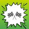 Crossed checkered flags. Motor sport. Black Icon on white popart Splash at green background with white spots. Illustration