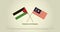 Crossed flags of Palestine and Malaysia. Official colors.