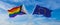 crossed flags of progress lgbt pride and The European Union flag waving in the wind at cloudy sky. Freedom and love concept. Pride