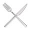 Crossed Fork and Knife isolated on a white background. Cutlery concept. Colored hand drawn line art. Retro design.