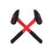 Crossed hammers symbol. Red crossed carpenter hammers. Black hammer with red handle, tool for repair, maintenance, carpentry and