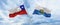 crossed national flags of Chile and San Marino flag waving in the wind at cloudy sky. Symbolizing relationship, dialog, travelling