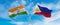 crossed national flags of India and Philippines flag waving in the wind at cloudy sky. Symbolizing relationship, dialog,
