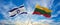 crossed national flags of Israel and LITHUANIA flag waving in the wind at cloudy sky. Symbolizing relationship, dialog, travelling