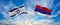 crossed national flags of Israel and Republic Srpska flag waving in the wind at cloudy sky. Symbolizing relationship, dialog,