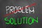Crossed problem green solution text on chalkboard or blackboard