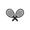 Crossed Racket And Tennis Ball Black Silhouette. Vector Illustration Isolated On White