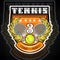 Crossed rackets with tennis ball and number three in the middle of golden wreath on the shield. Vector sport logo for any team