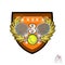 Crossed rackets with tennis ball and number three in the middle of golden wreath on the shield. Vector sport logo for any team or