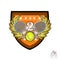 Crossed rackets with tennis ball and number two in the middle of golden wreath on the shield. Vector sport logo for any team or co