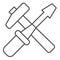 Crossed screwdriver and hammer thin line icon. Renovation working tools symbol, outline style pictogram on white