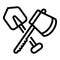 Crossed shovel and axe icon, outline style