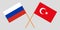 The crossed Turkey and Russia flags. Official colors. Vector