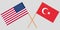 The crossed Turkey and USA flags. Official colors. Vector