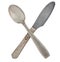 Crossed vintage crossed spoon and knife isolated on bell background. Rustic style