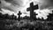 Crosses in a cemetery under a dramatic cloudy sky.