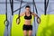 Crossfit dip ring woman workout at gym dipping