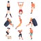 Crossfit Workout with Man and Woman Doing Physical Exercise Engaged in Competitive Fitness Sport Vector Set