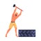 Crossfit Workout with Muscled Man Beating Tyre with Hammer Doing Physical Exercise Vector Illustration