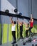 Crossfit workout people group with wall balls and rope