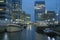 Crossharbour Dock Canary Wharf London boats office building water channel night landscape business