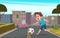 Crossroad playing. Kids running with ball game on road secured rules dangerous street traffic exact vector cartoon