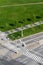 Crosswalk and bike crossing line on empty crossroad, driverless technology